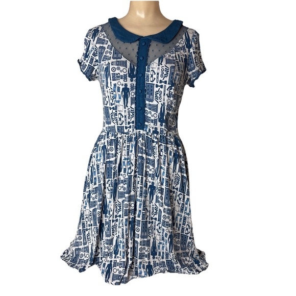 DR WHO BBC Tardis Print Pan Collar Dress Hot Topic Sz Medium Cosplay - Picture 1 of 16